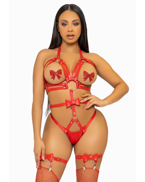 Портупея-тедді з ременів Leg Avenue Studded O-ring harness teddy L Red