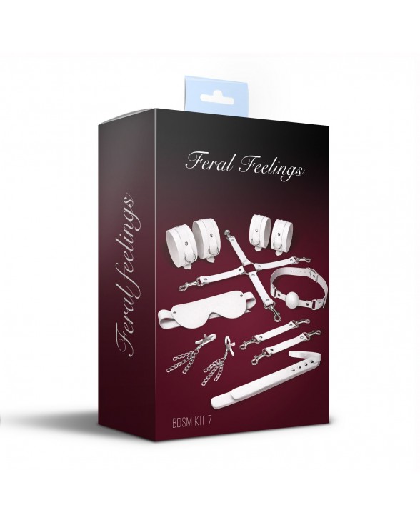 Набір Feral Feelings BDSM Kit 7 White, наручники, поножі, конектор, маска, падл, кляп, затискачі - 1