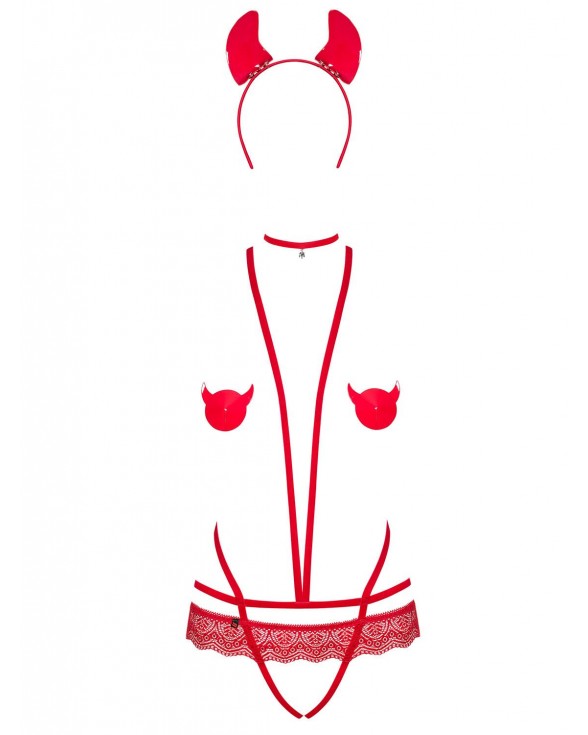 Еротичний костюм чортика зі стреп Obsessive Evilia teddy red S/M, боді - 2