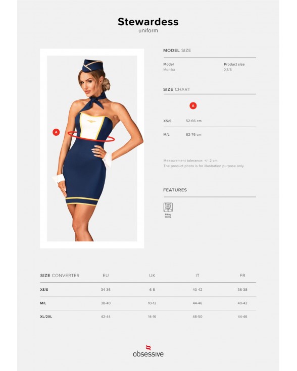 Еротичний костюм стюардеси Obsessive Stewardess uniform M/L, blue, сукня, пілотка, шарф, манжети - 4