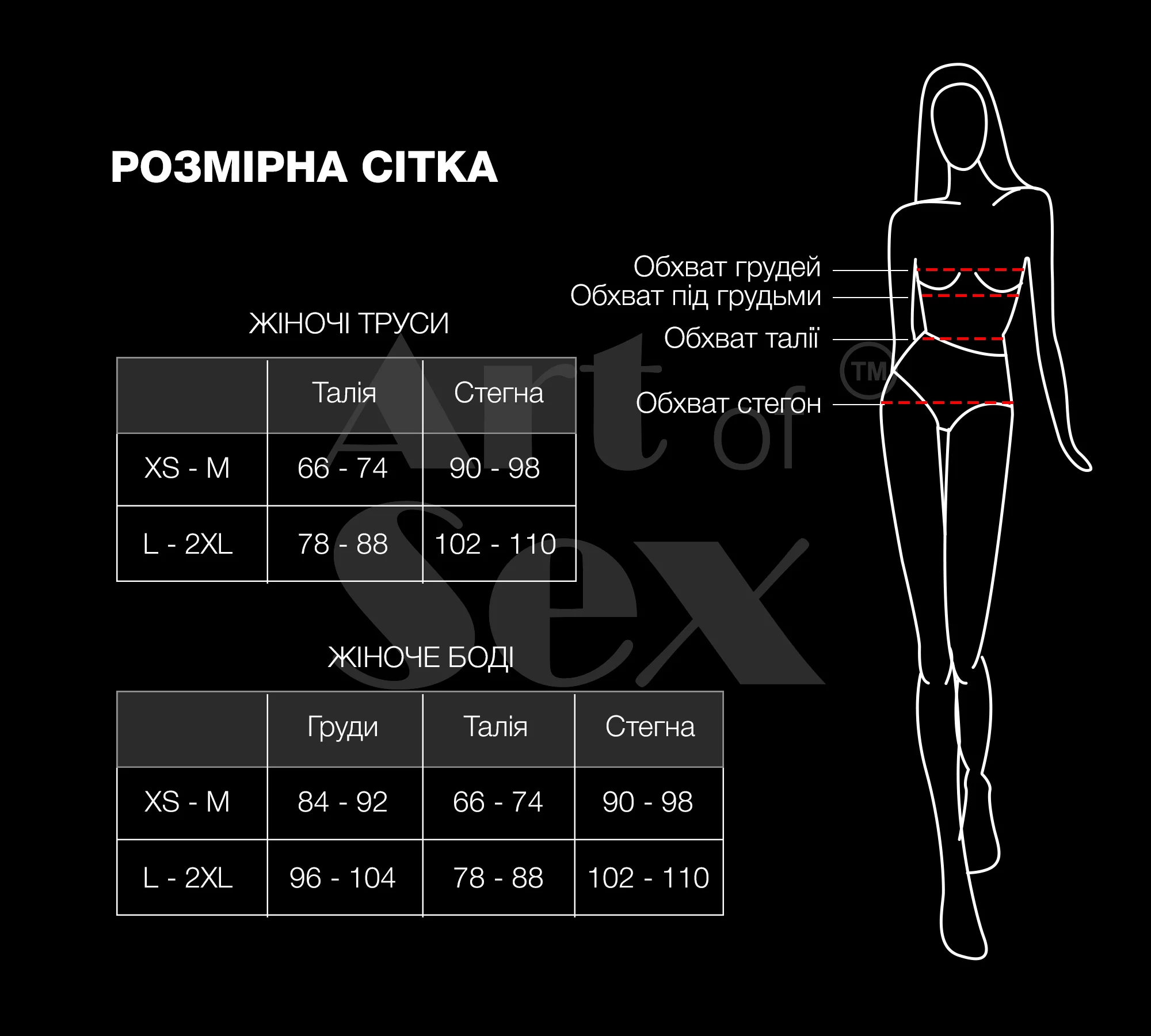 Таблица женских размеров Art of Sex